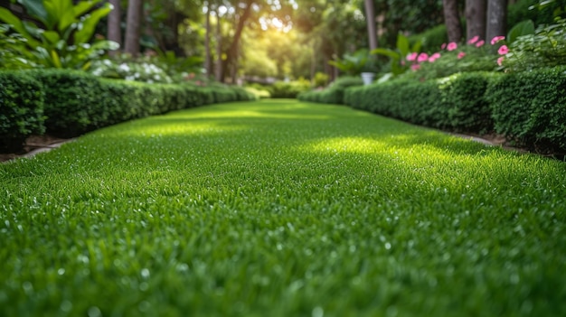 Jardin construit avec une classe et une tradition européennes avec des haies de type symétrique et une grande pelouse verte ouverte