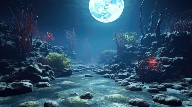 Un jardin de coraux céleste sous un ciel galactique éclairé par la lune