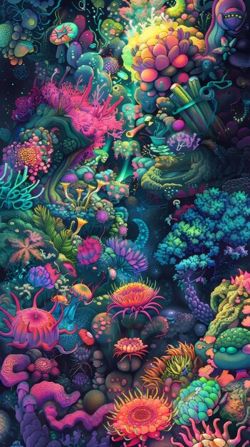 Un jardin cosmique rempli de plantes et de fleurs extraterrestres exotiques fleurissant dans une gamme de couleurs vives illustration générée par l'IA