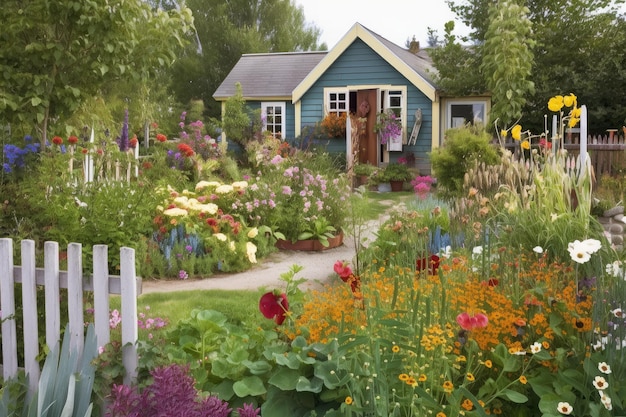 Un jardin de curé avec des parterres remplis de fleurs et de légumes colorés