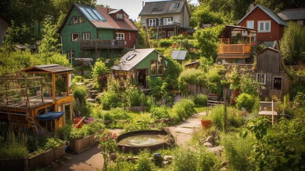 Un jardin dans un petit village avec une serre et une serre.