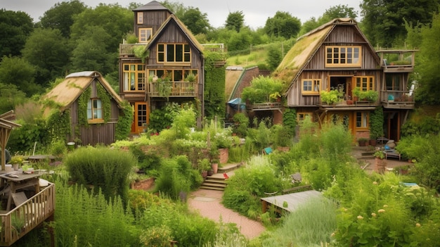 Un jardin dans un petit village avec une serre et une serre