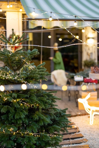 Jardin décoré du nouvel an avec arbre de noël et femme