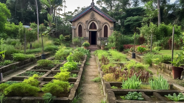 Un jardin avec diverses plantes et fleurs avec un bâtiment en arrière-plan peut-être un temple