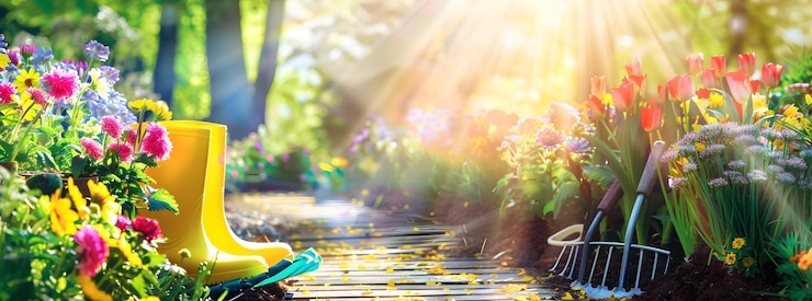 Photo jardin ensoleillé avec des fleurs colorées allées en bois et outils de jardinage à côté de bottes de pluie jaunes