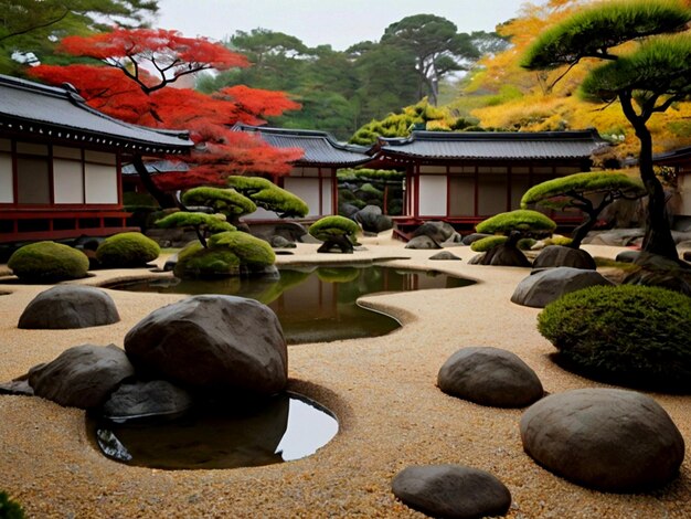 un jardin avec un étang et un arbre avec des feuilles rouges dessus