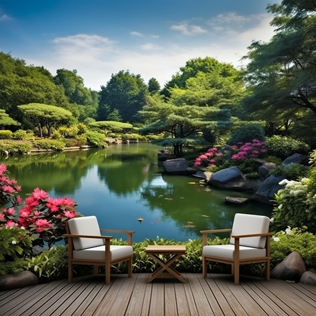 un jardin avec un étang et un jardin avec une vue sur le jardin.