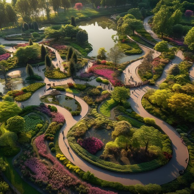 un jardin avec un étang et un pont au milieu.