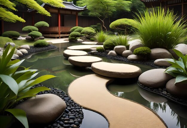 Photo un jardin avec un étang avec des rochers et des plantes