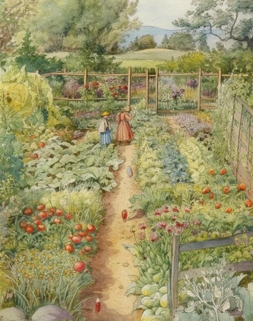 jardin d'été aquarelle magique avec fleurs et légumes carte postale vintage jardin aquarelle ba