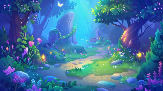 Jardin d'été mystique avec un sentier de fleurs et de lucioles Illustration d'un paysage forestier de dessin animé Fond de scène naturelle fantastique Belle scène forestière mystérieuse