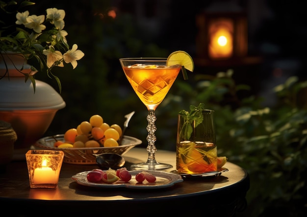 Un jardin extérieur avec un cocktail Sidecar joliment garni, parfait pour une soirée d'été.