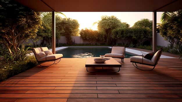 D'un jardin extérieur somptueux le matin avec une terrasse en teck et une pergola noire Scène dans