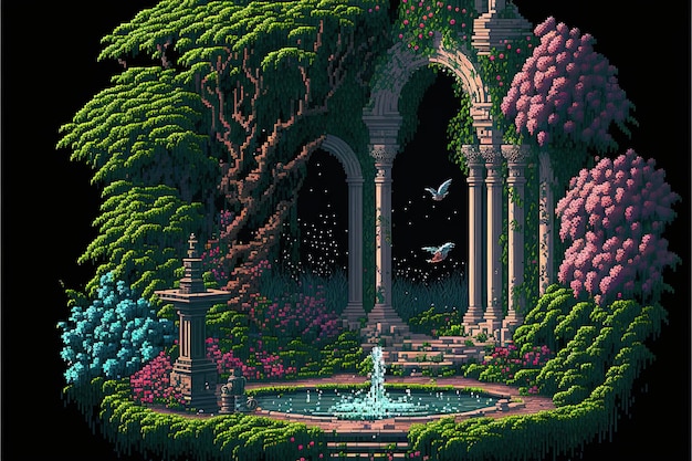 Jardin fantastique d'art pixel dans la forêt magique arrière-plan de jardin mystique dans le style rétro pour 8 bits de jeu AI