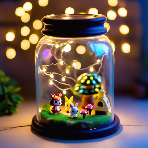 Jardin de fées Animal Crossing avec lumières scintillantes à l'intérieur d'un bocal en verre