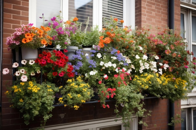 Jardin de fenêtre débordant de fleurs colorées sur un balcon ensoleillé créé avec une IA générative