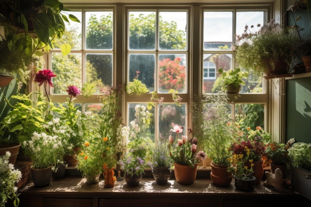 Jardin de fenêtre ensoleillé rempli de fleurs et d'herbes épanouies créées avec une IA générative