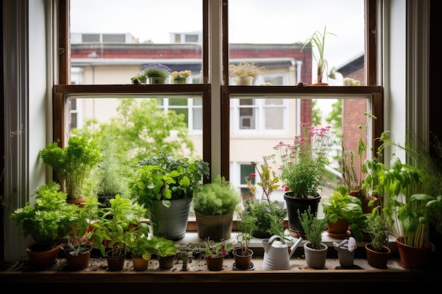 Jardin de fenêtre rempli de plantes et d'herbes colorées créées avec une IA générative