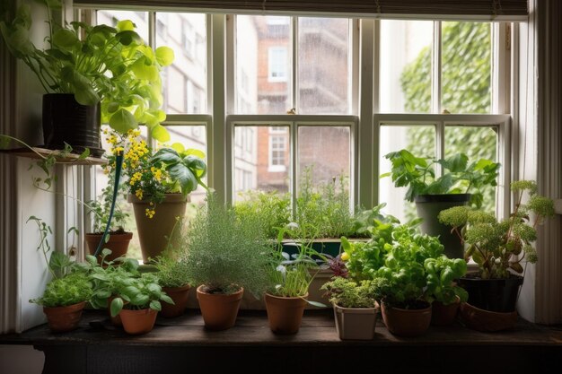 Jardin de fenêtre rempli de plantes et d'herbes colorées créées avec une IA générative