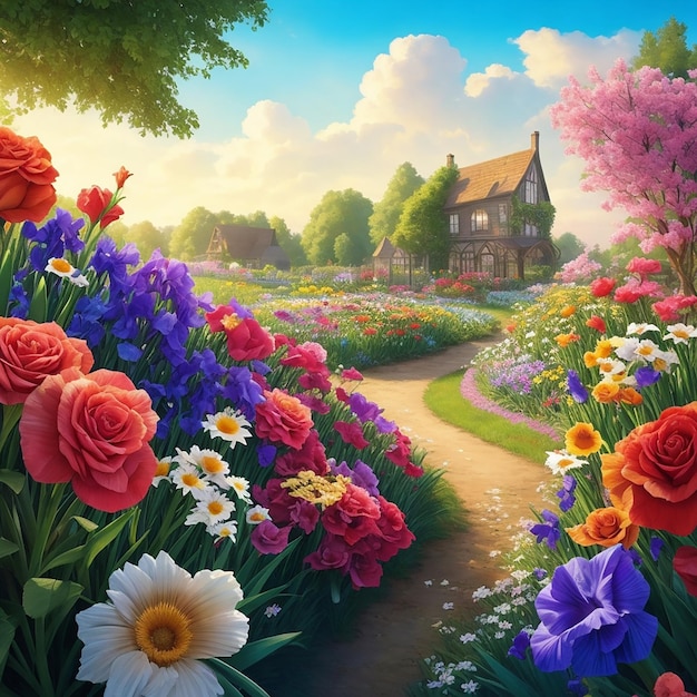 Jardin de la ferme de fleurs Iris roses multicolores marguerites contes de fées ciel lumineux lumière du soleil douce