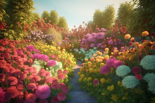 Jardin fleuri avec allée et fleurs de chrysanthème