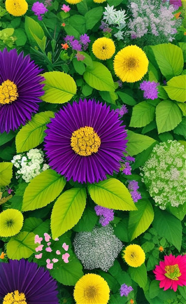 Un jardin fleuri coloré avec une feuille verte et une fleur violette.