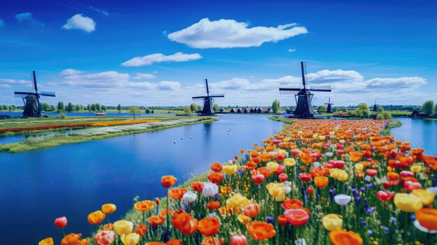 Jardin fleuri Une exposition colorée de tulipes et de moulins à vent