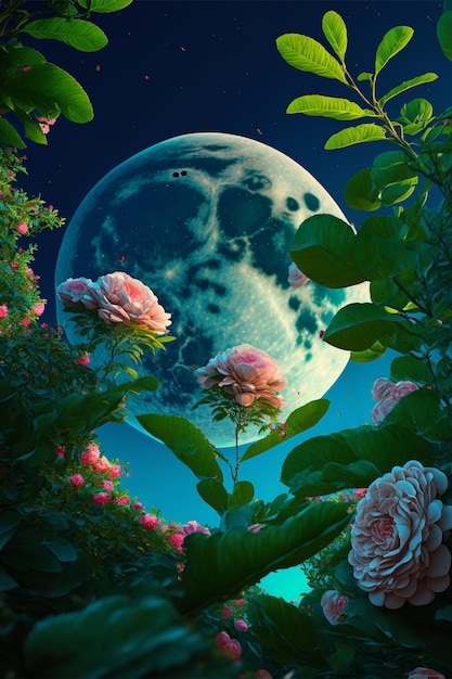 Jardin fleuri avec une pleine lune en arrière-plan ai générative