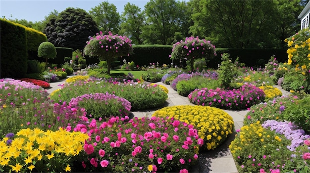 Un jardin avec des fleurs et des arbres en arrière-plan