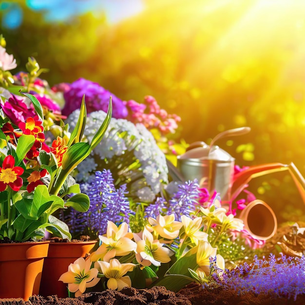 Photo un jardin avec des fleurs et un arrosoir en arrière-plan