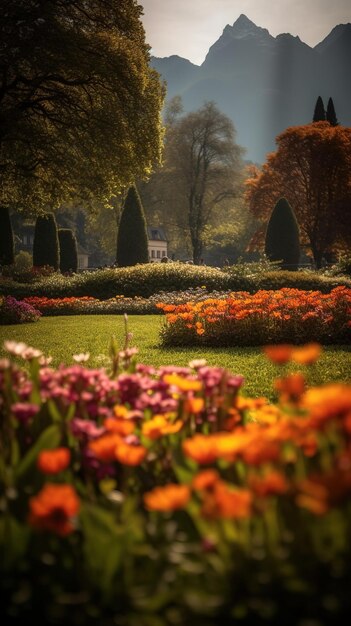 Un jardin avec des fleurs au premier plan et un banc en arrière-plan.