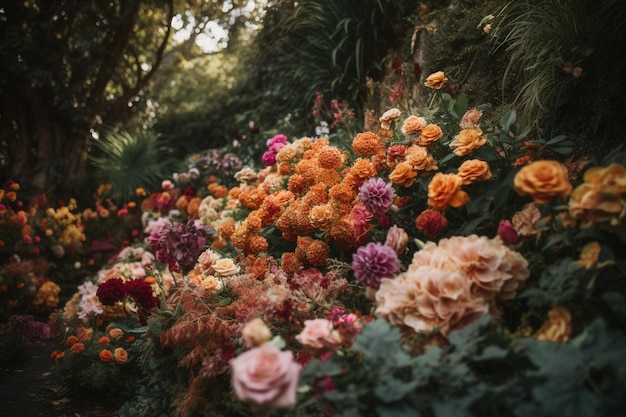 Un jardin de fleurs avec un bouquet de fleurs au premier plan