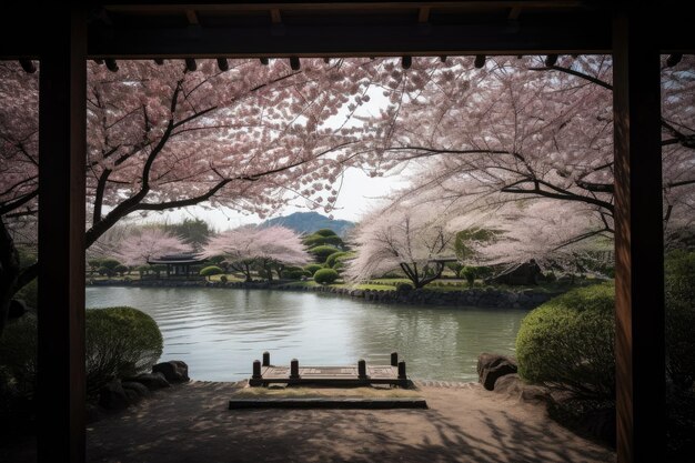 Jardin de fleurs de cerisier avec vue sur un lac tranquille créé avec une IA générative