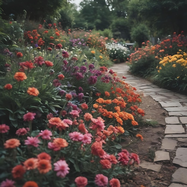 un jardin avec des fleurs et un chemin qui dit printemps