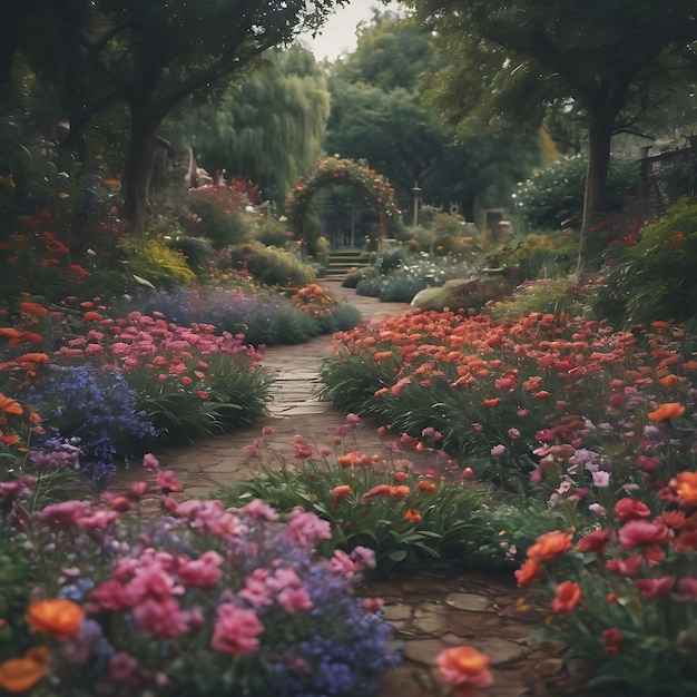 un jardin avec des fleurs et un chemin qui dit printemps