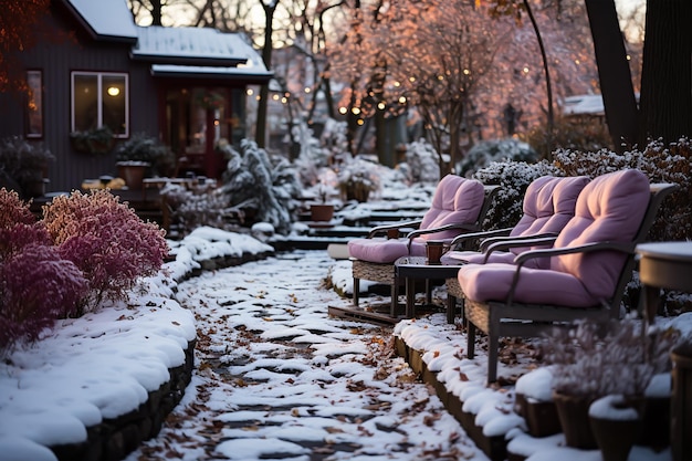 jardin avec des fleurs colorées avec une belle cour pour s'asseoir