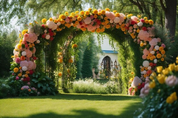 Photo un jardin avec des fleurs et une église en arrière-plan