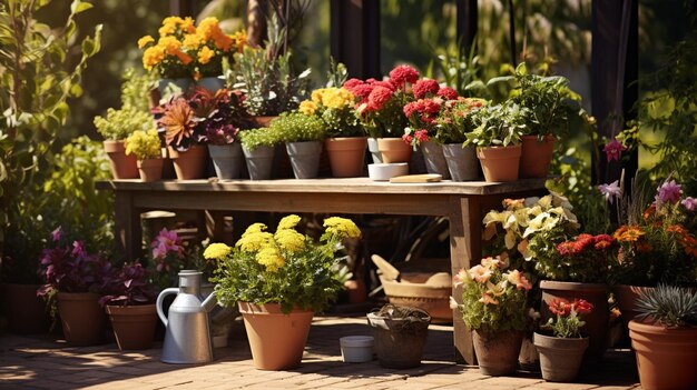 Photo jardin de fleurs ensoleillées et outils de jardinage ia ia générative