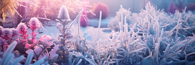 jardin avec des fleurs glacées et des plantes délicates mettant en valeur la beauté unique que l'hiver apporte à la nature