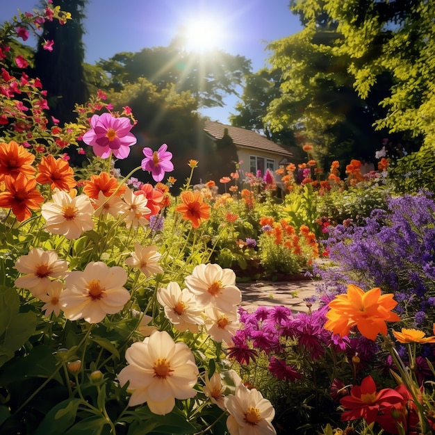 un jardin avec des fleurs et une maison en arrière-plan.