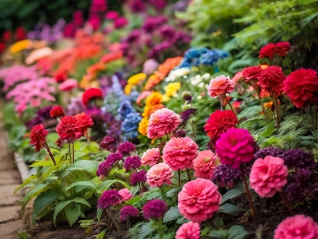 un jardin de fleurs avec de nombreuses fleurs de différentes couleurs