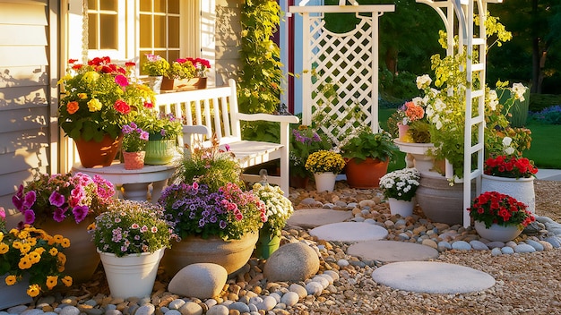 un jardin avec des fleurs et des plantes et un banc blanc