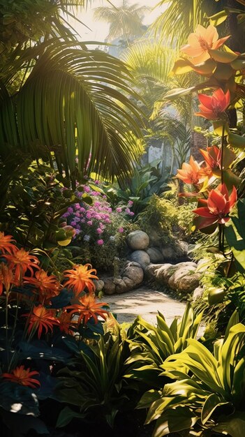 un jardin avec des fleurs et des plantes