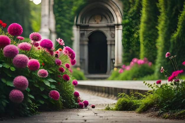 Un jardin avec des fleurs roses devant un immeuble