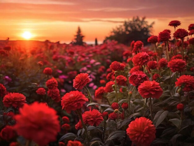 jardin de fleurs rouges au coucher du soleil Arrière-plan