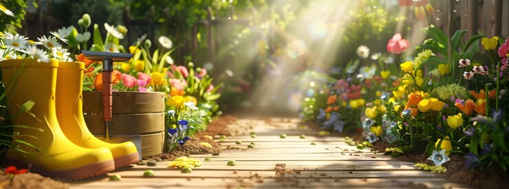 Photo un jardin de fleurs avec un seau de fleurs en arrière-plan