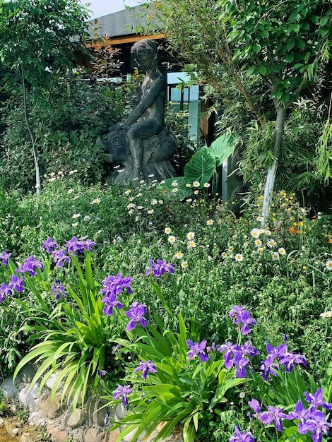 Un jardin avec des fleurs violettes et une statue de femme en arrière-plan.