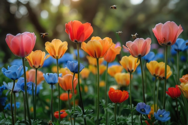 Un jardin florissant avec des fleurs colorées, des abeilles qui bourdonnent et une atmosphère paisible.
