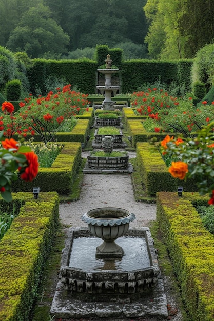 un jardin avec une fontaine entourée de fleurs rouges