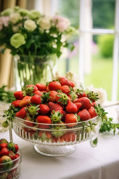 Jardin de fruits alimentaires et récolte de fraises fraises fraîches servies dans la campagne ai générative